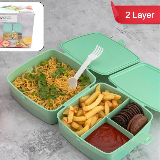 Double-layer Square Lunch Box With  Spoon  4 Compartment Tiffin  Push Lock  Plastic Tiffin Box For Travelling School Kids  Office Exclusive Home - Happy Price - Image 1