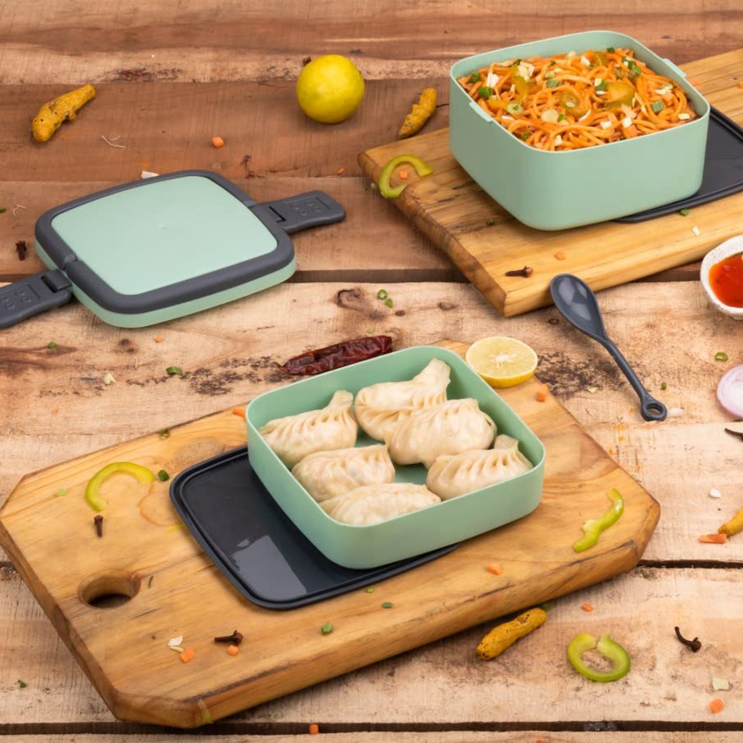 Green Double-layer Portable Lunch Box Stackable With Carrying Handle And Spoon Lunch Box - Happy Price - Image 2