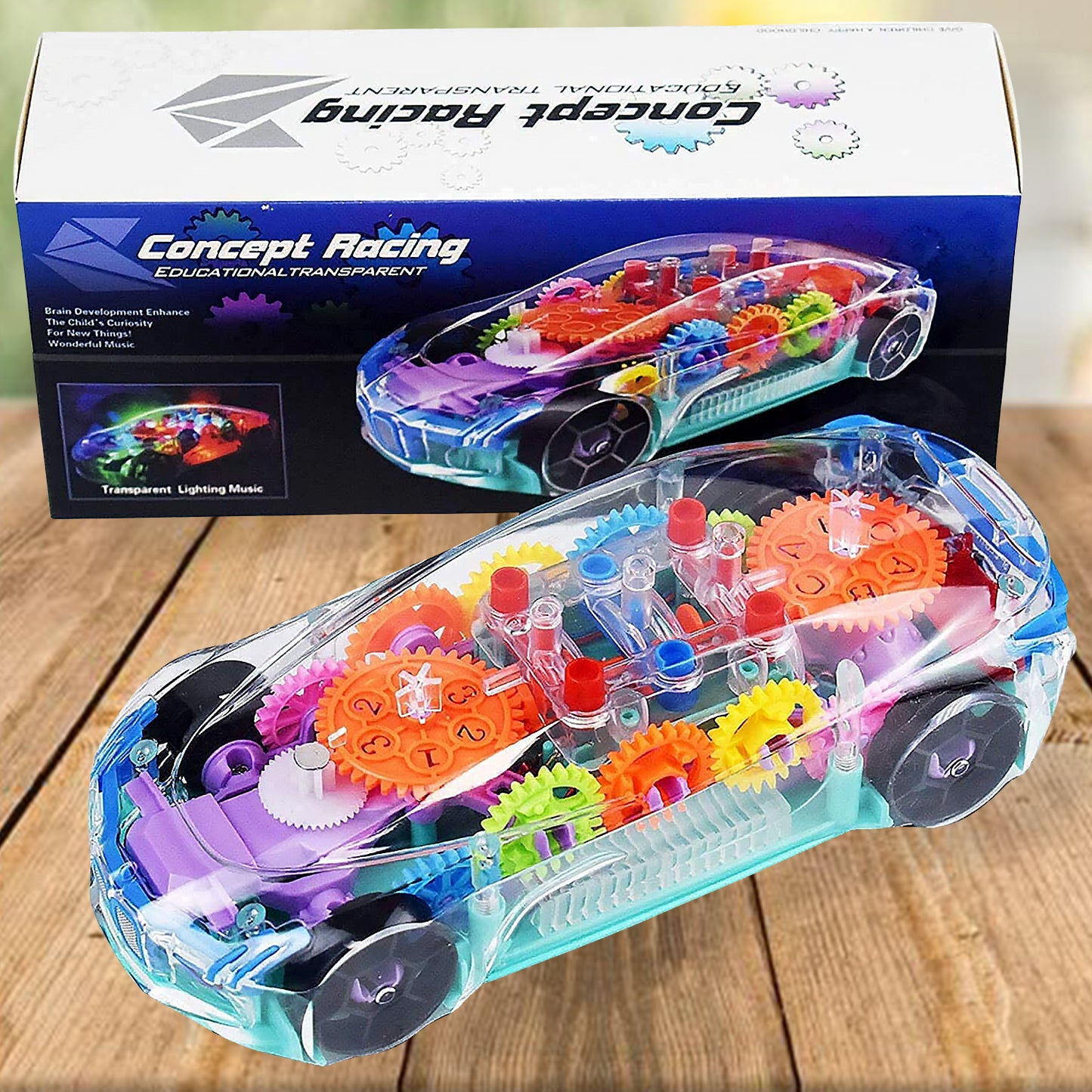 Automatic 360 Degree Rotating Transparent Gear Concept Car With Musical And 3d Flashing Lights Toy For Kids Boys  Girls (Multicolor  Battery Not Included) - Happy Price - Image 1