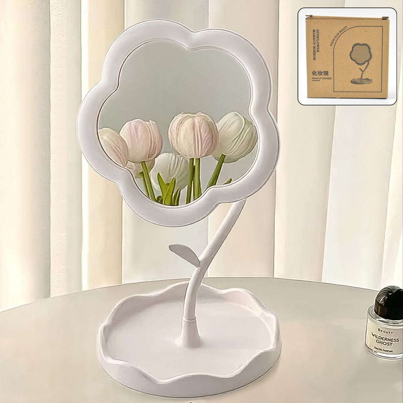 Flower Shaped Rotating Makeup Mirror with Tray - Tabletop Vanity - Happy Price - Image 1