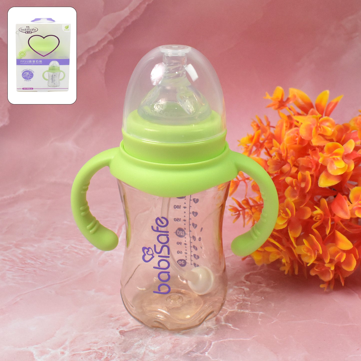 Plastic Baby Feeding Bottle With Handles Cleaning Brush  Straw (300 Ml  1 Pc) - Happy Price - Image 2