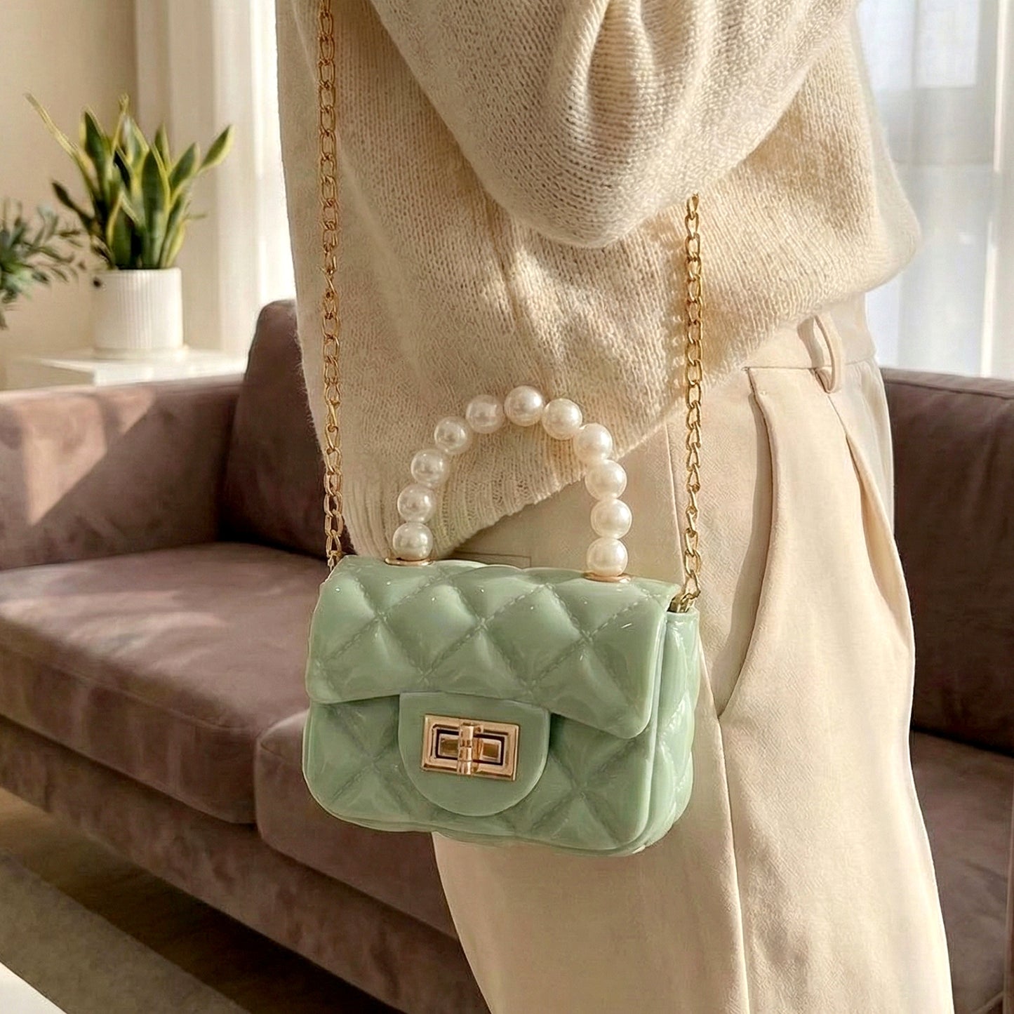 Quilted Mini Handbag with Pearl Handle & Chain Strap (1 Pc) - Happy Price - Image 4