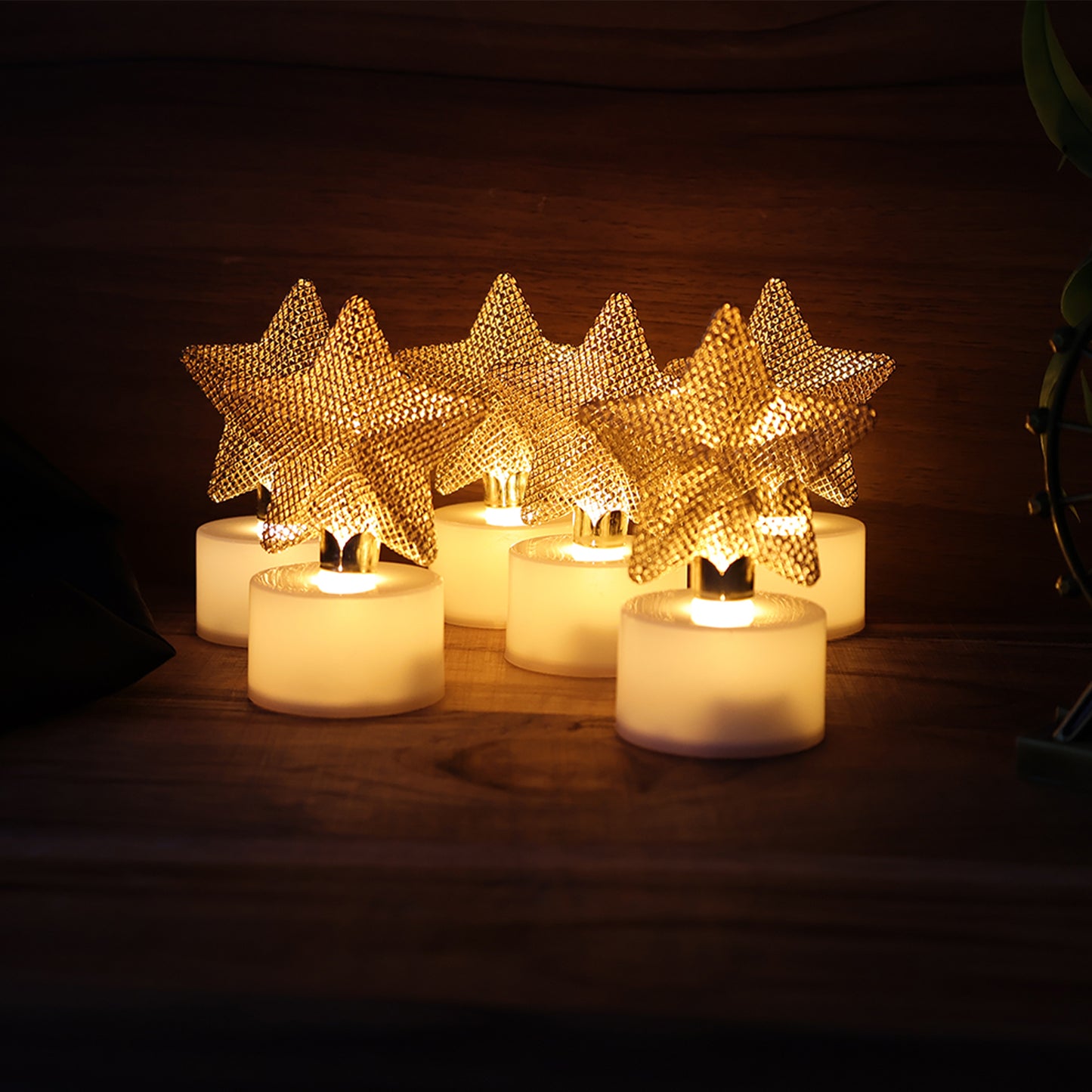 Set of 6 Golden Star LED Flameless Tealight Candles - Happy Price - Image 6