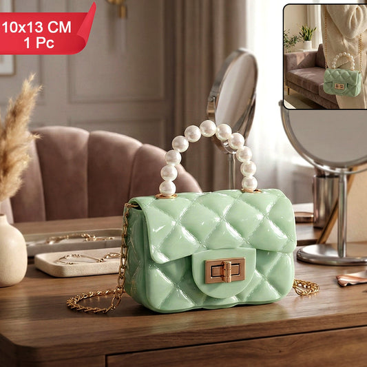 Quilted Mini Handbag with Pearl Handle & Chain Strap (1 Pc) - Happy Price - Image 1