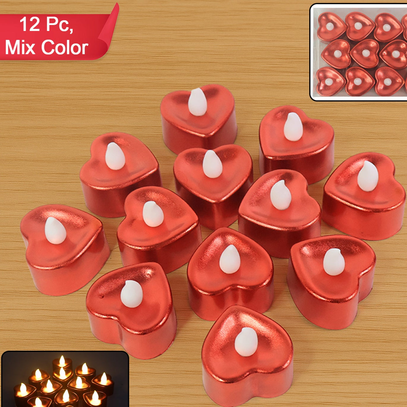 Heart Shaped LED Tealight Candles - 12 Pc Mix Color, Flameless & Safe for Decor - Happy Price - Image 1