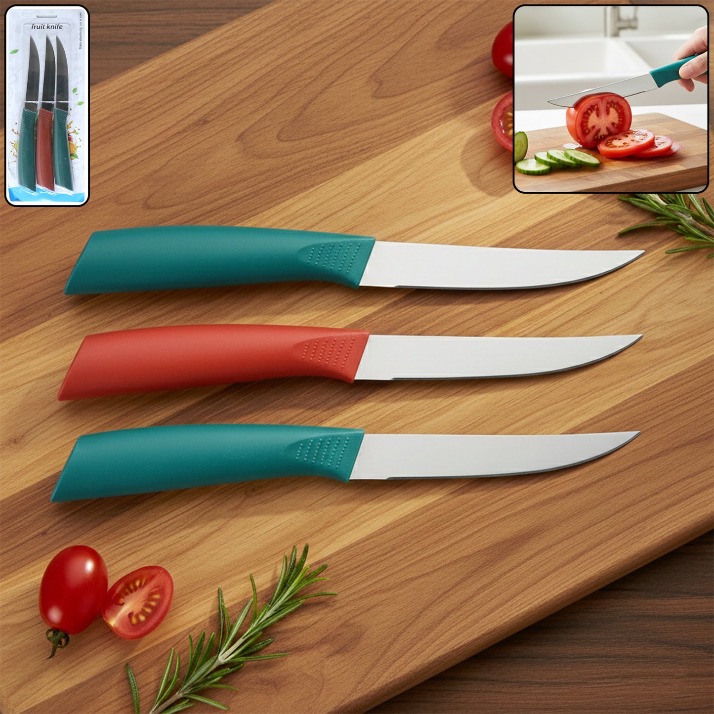 Set of 3 Stainless Steel Kitchen Knives for Fruits & Vegetables - Happy Price - Image 2