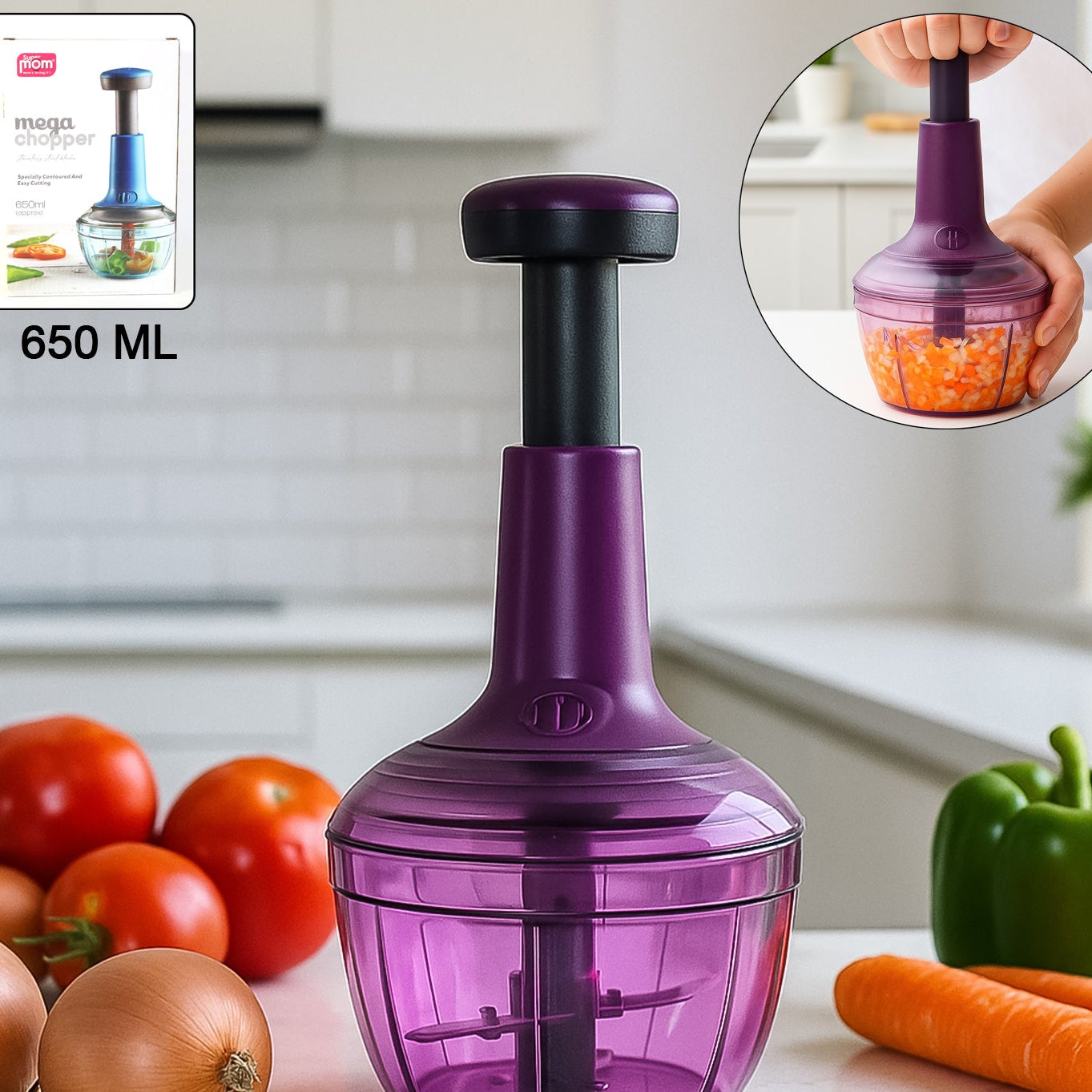 Manual Push Vegetable Chopper, 650 ML Capacity - Stainless Steel Blades (1 Pc) - Happy Price - Image 1