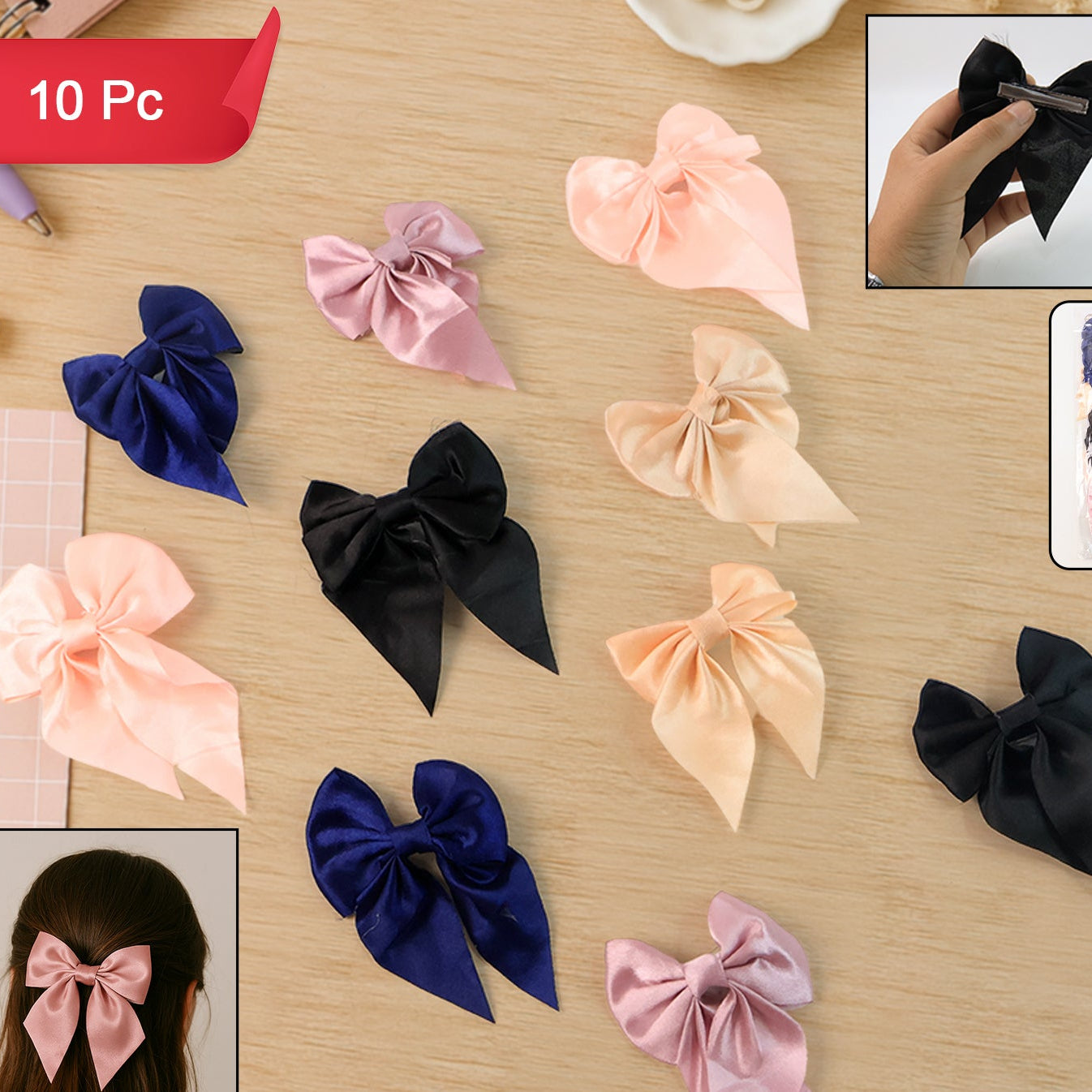 Premium Satin Bow Hair Clip Set For Girls And Women (10 Pc) - Happy Price - Image 1