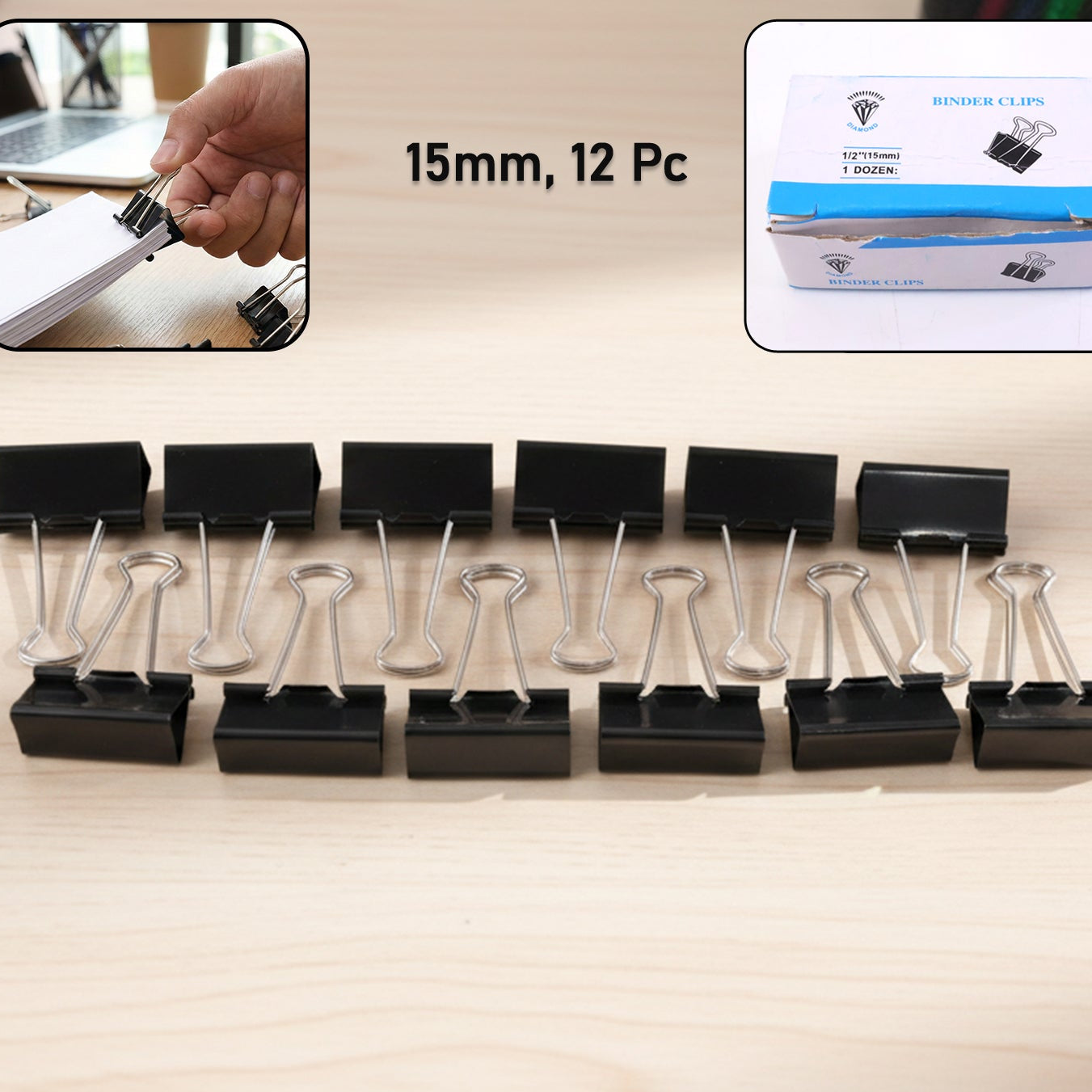 Black Metal Binder Clips - 15 MM, Pack of 12 - Happy Price - Image 1