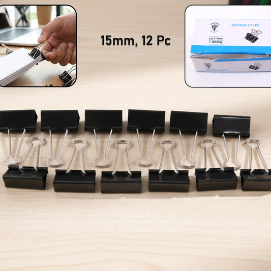Black Metal Binder Clips - 15 MM, Pack of 12 - Happy Price - Image 1