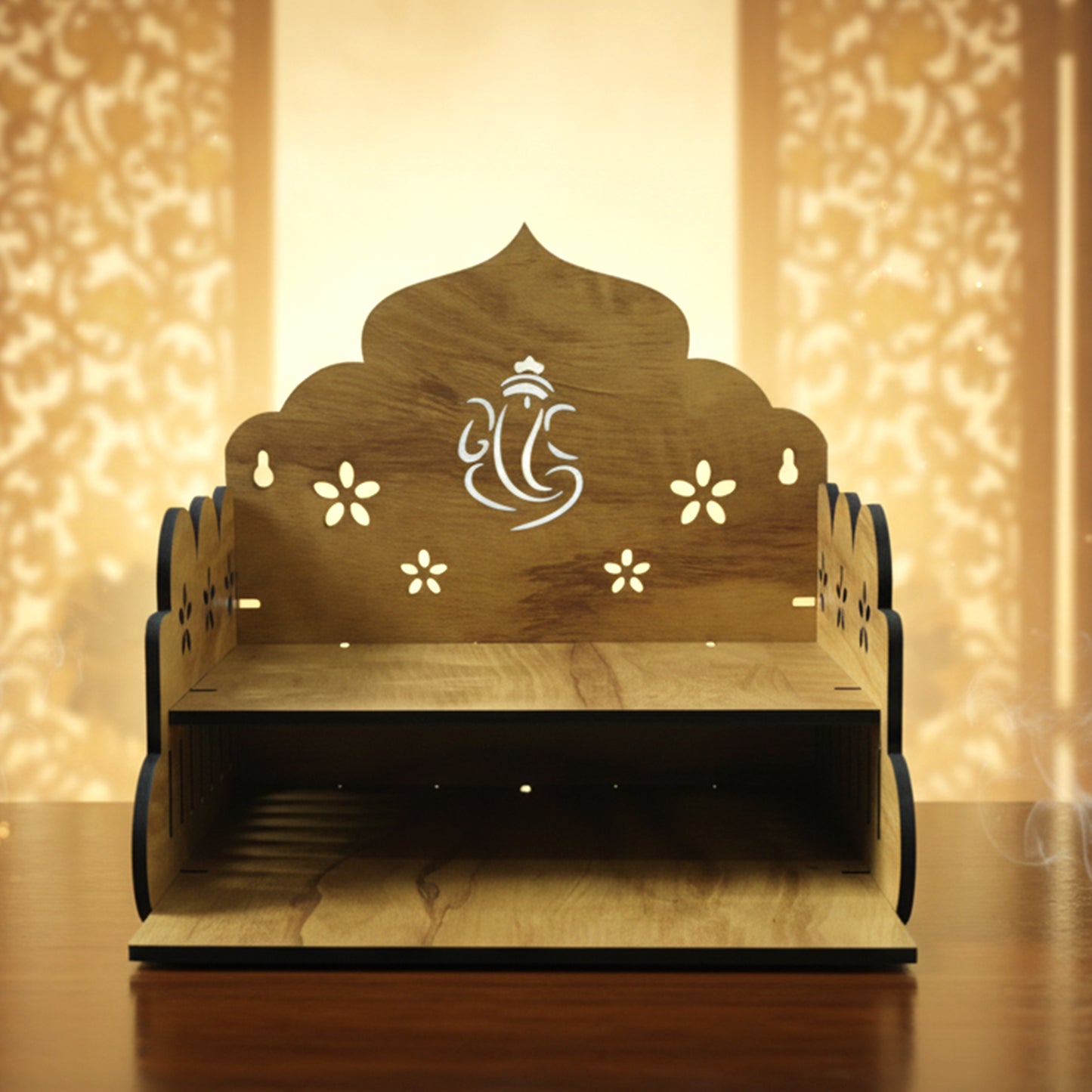 1 Pc Wooden Pooja Mandir Stand for Home & Office - Tabletop Temple with Ganesha Back Panel - Happy Price - Image 2
