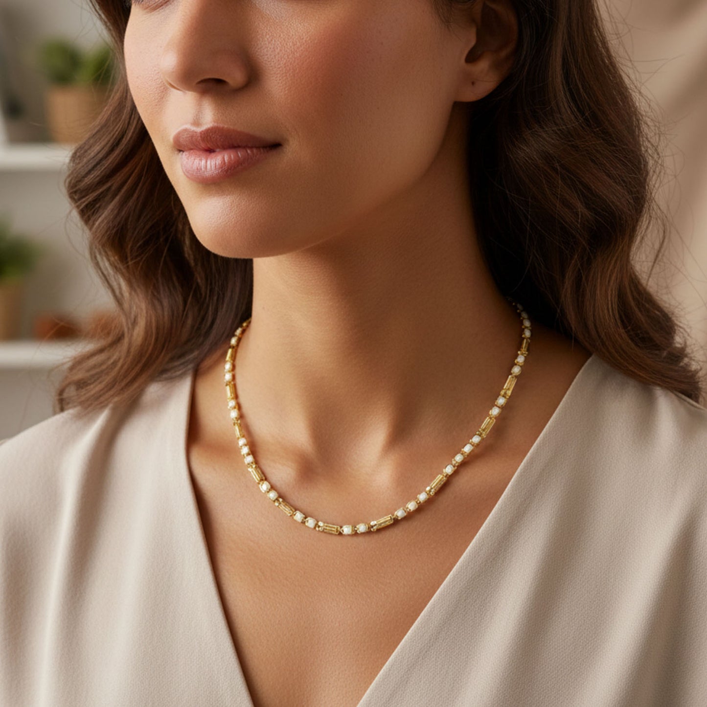 Gold-Tone Designer Chain Necklace with Stone Accents (1 Pc) - Happy Price - Image 3