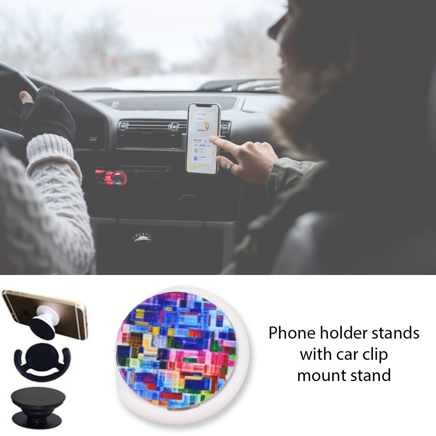 Floral Pattern Phone Grip Holder & Stand with Car Mount Clip - Happy Price - Image 2