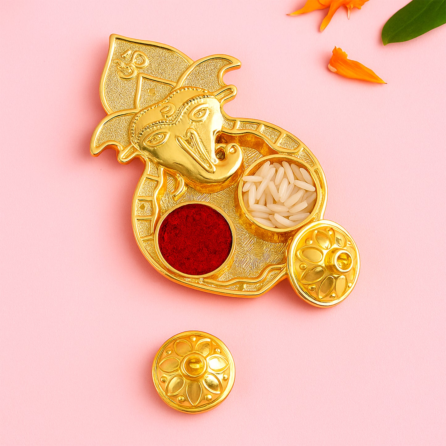 Lord Ganesha Kumkum Holder with Dual Compartments - Golden Plastic Pooja Accessory (1 Pc) - Happy Price - Image 4