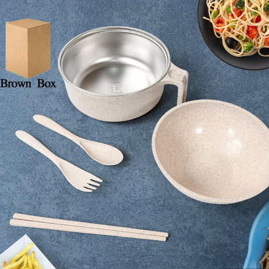 Rice Bowl Noodle 1 Bowl With 1 Lid And Handle Wheat Straw Noodle Bowls With Wheat Straw 1 Fork 2 Chopsticks 1 Spoon For Soup Salad Cooker Snack Set (6 Pcs Set) - Happy Price - Image 1