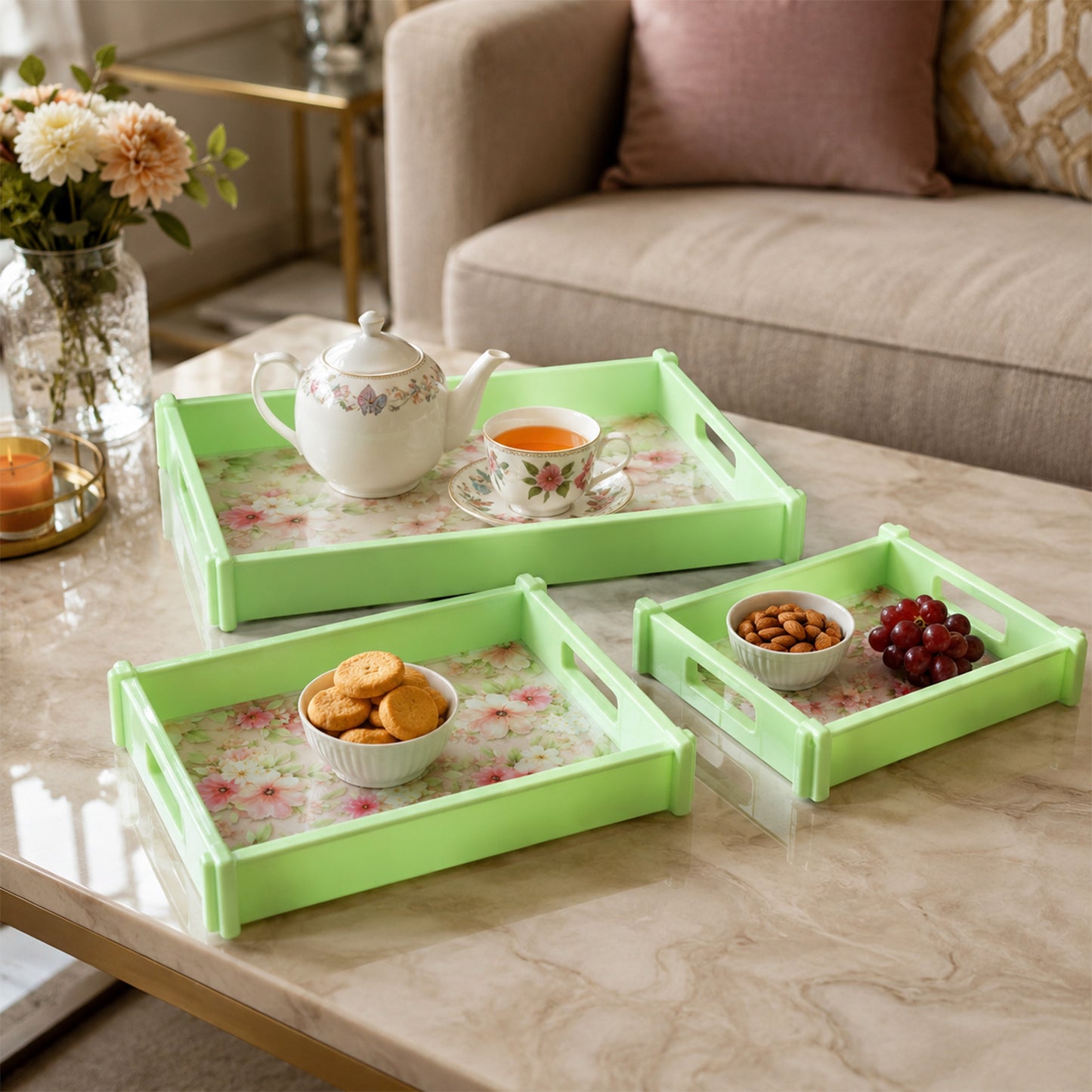 Floral Print Multipurpose Serving Tray Set - 3 Pc - Happy Price - Image 6