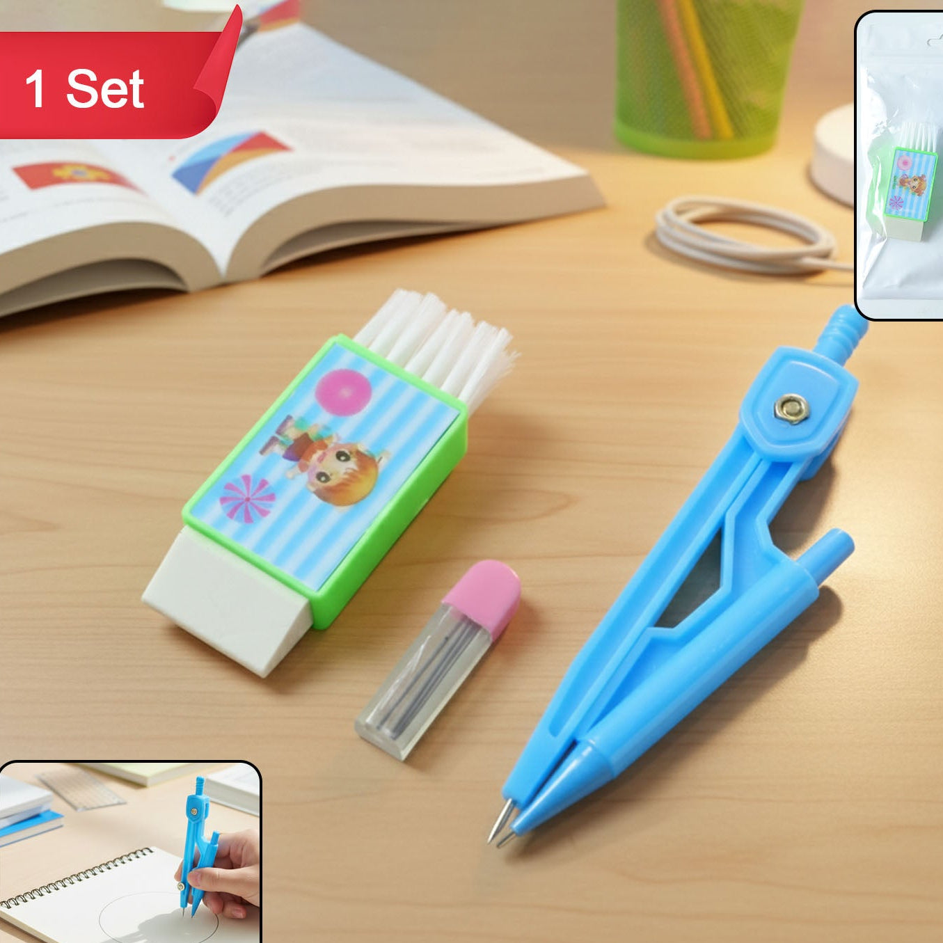 Kids Plastic Geometry Compass Set with Eraser & Lead Refills - 1 Set - Happy Price - Image 1