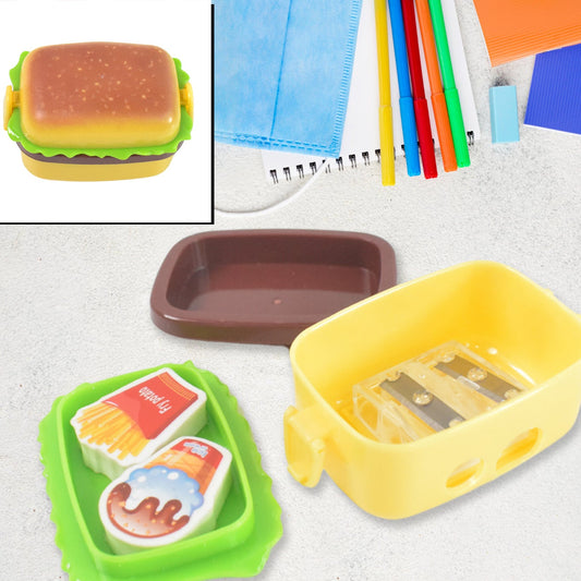 Plastic Burger Shape Small Size Double Hole Sharpener With Eraser (1 Set) - Happy Price - Image 1