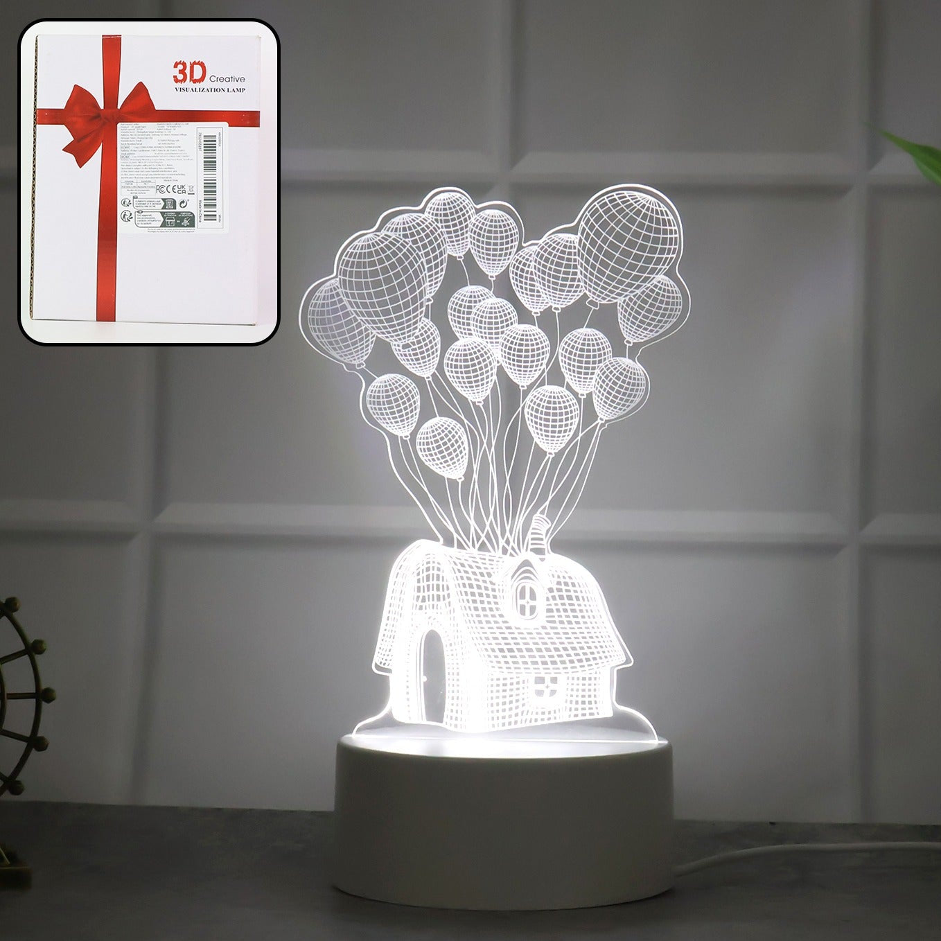 3D Illusion LED Night Lamp - House & Balloons Design, USB Powered Decorative Light - Happy Price - Image 1