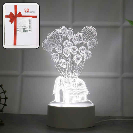 3D Illusion LED Night Lamp - House & Balloons Design, USB Powered Decorative Light - Happy Price - Image 1