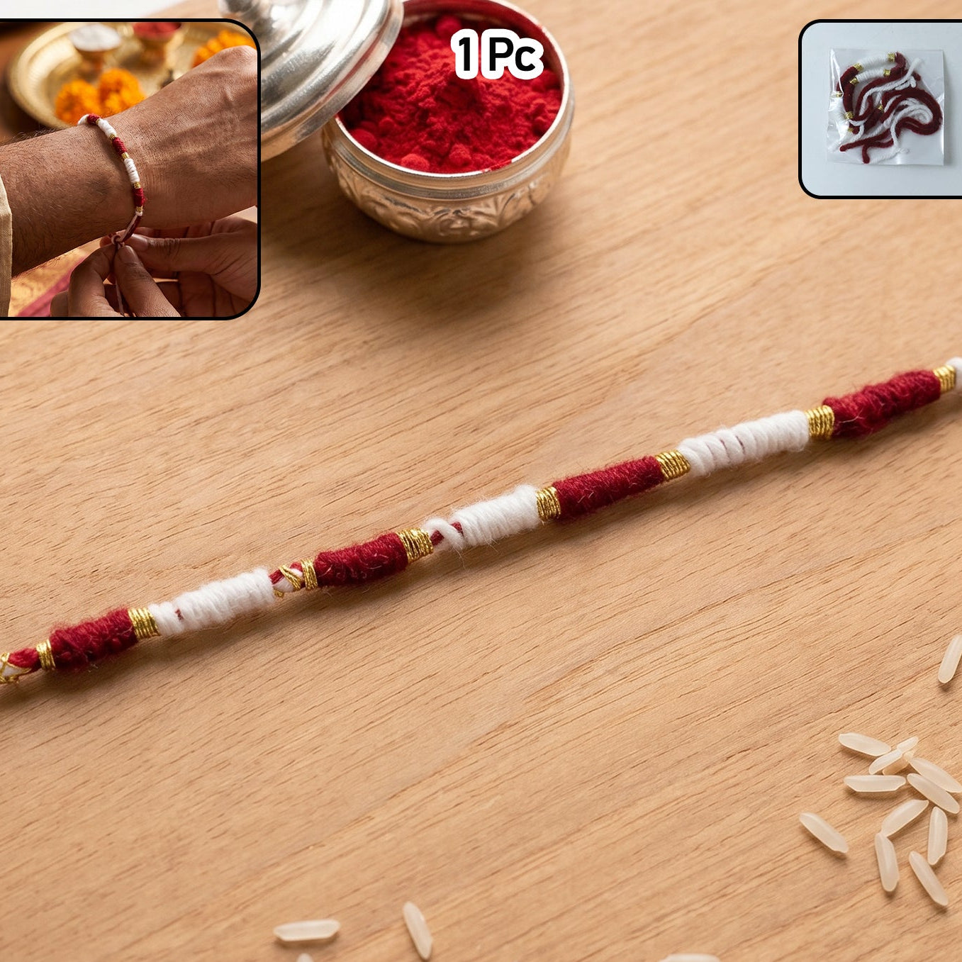 Handmade Red & White Thread Rakhi Bracelet (1 Pc) with Golden Bead Accent - Happy Price - Image 1