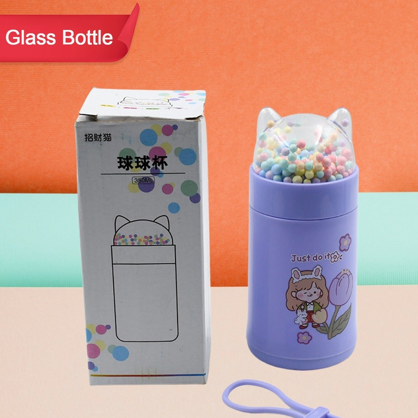Girl Glass Water Bottle For School With Kid Sparkle Strap Cat Lid Sequins Glitter Glass Cup Birthday Gift Children 350ml (Moq - 80 Pc) - Happy Price - Image 1