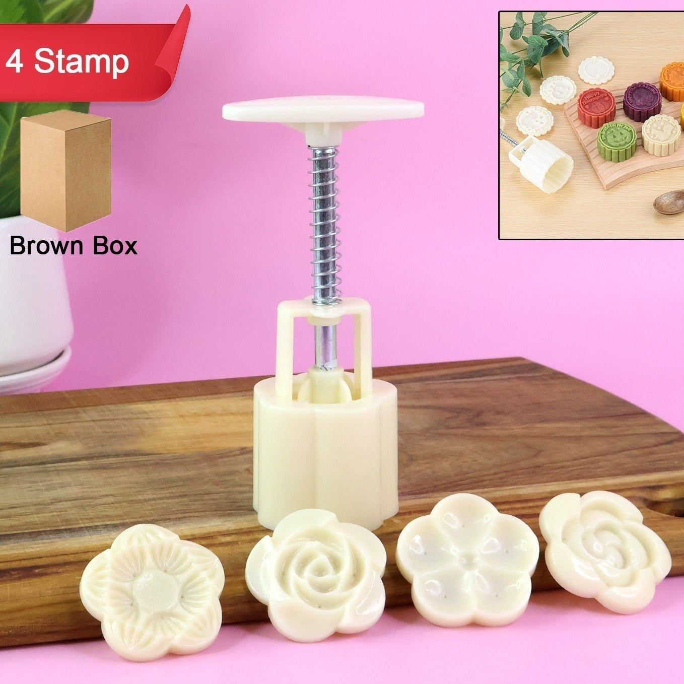 Mooncake Press Mold Set with 4 Floral Pattern Stamps - Food-Grade Plastic Baking Tool - Happy Price - Image 1