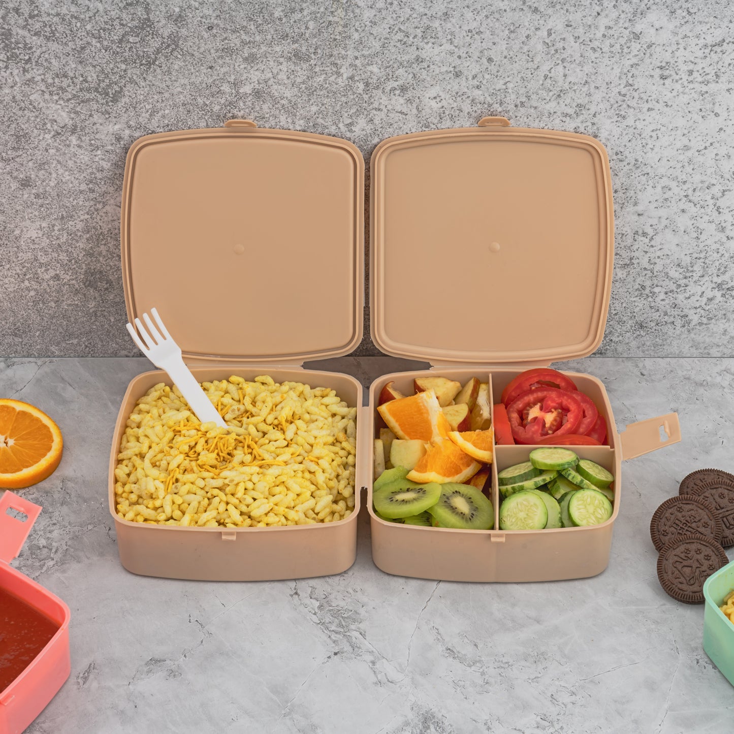 Double-layer Square Lunch Box With  Spoon  4 Compartment Tiffin  Push Lock  Plastic Tiffin Box For Travelling School Kids  Office Exclusive Home - Happy Price - Image 7