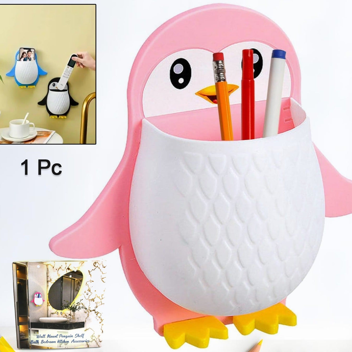 Penguin Storage Box Adhesive Remote Case Electric Toothbrushes Holder Universal Controller Holder Wall Nightstand Office Plastic Wall Mount - Happy Price - Image 1