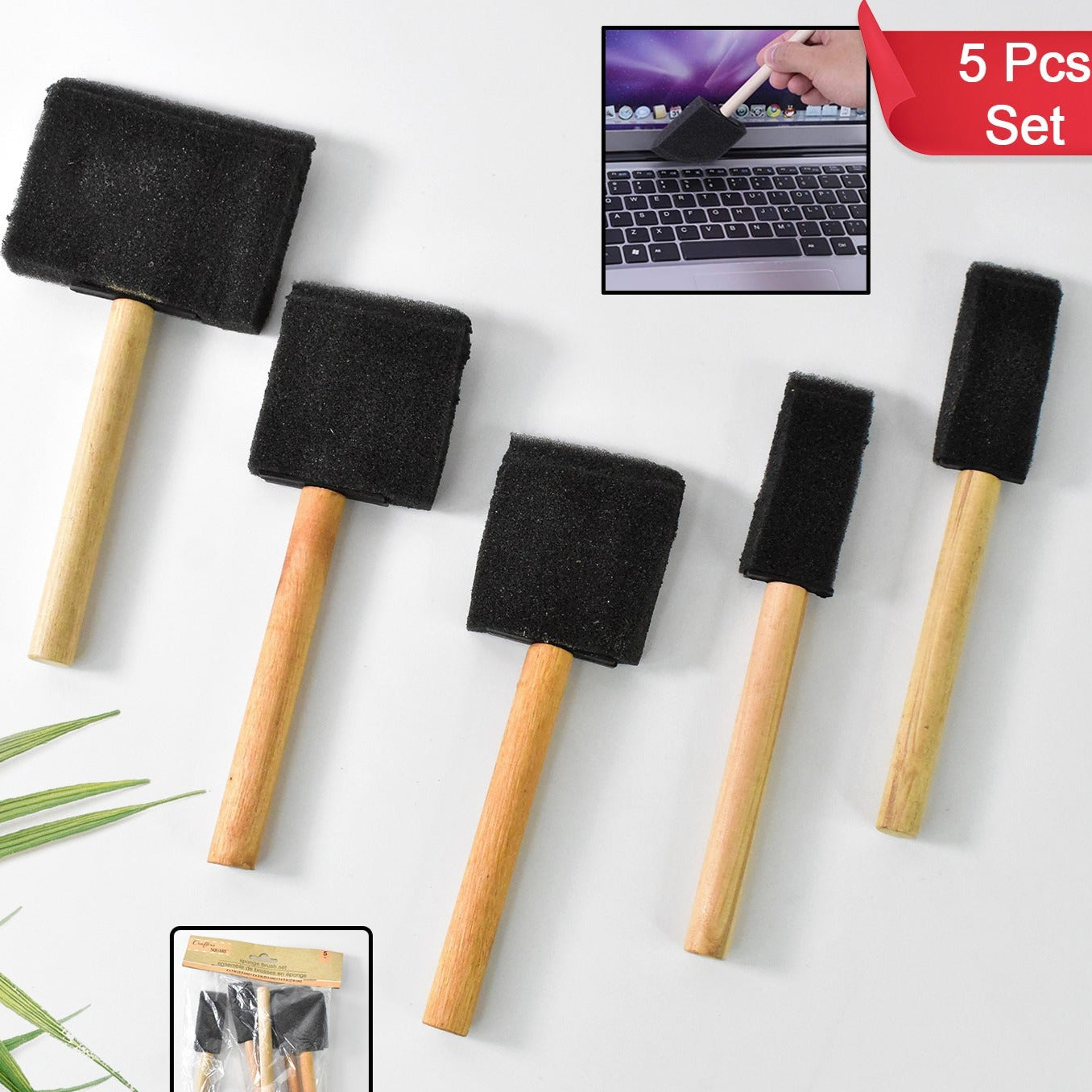 Multipurpose Sponge Brushes For Painting With Wooden Handles (5 Pcs Set) - Happy Price - Image 1