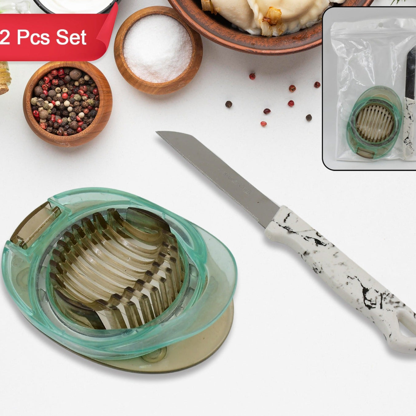 Stainless Steel Egg Slicer  Knife (2 Pc Set) - Happy Price - Image 1