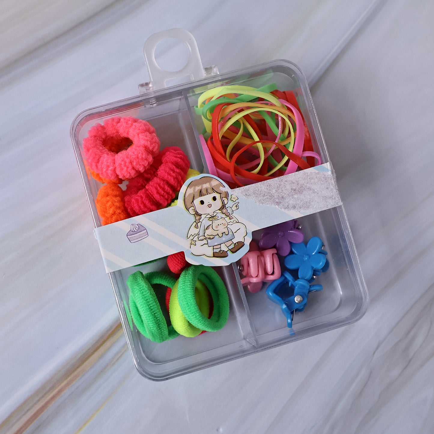 Kids Hair Accessories Set: Bands, Clips & Rubber Bands in Organizer Box (1 Set) - Happy Price - Image 4
