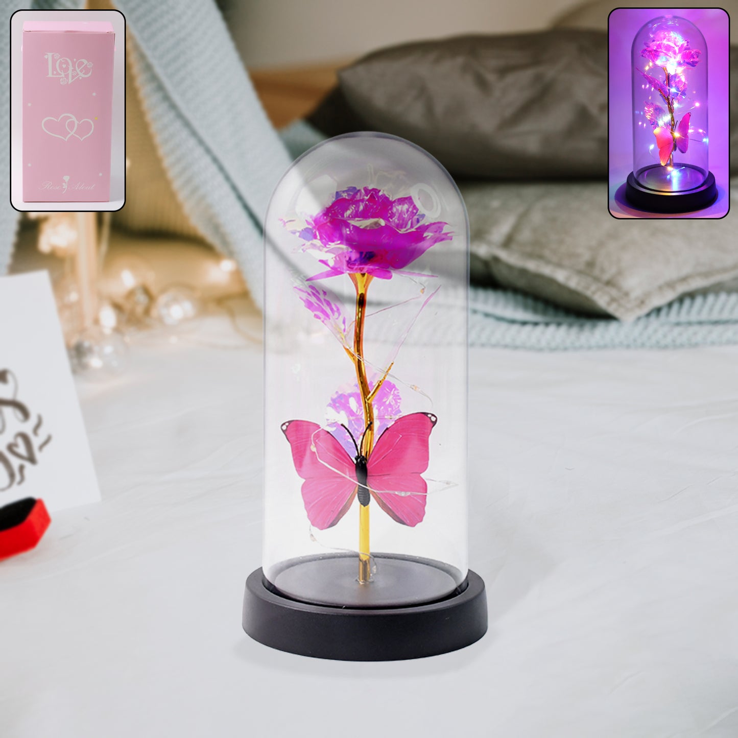 Led Decorative Rose With Butterfly In Transparent Plastic Dome (1 Pc  Battery Not Included) - Happy Price - Image 2