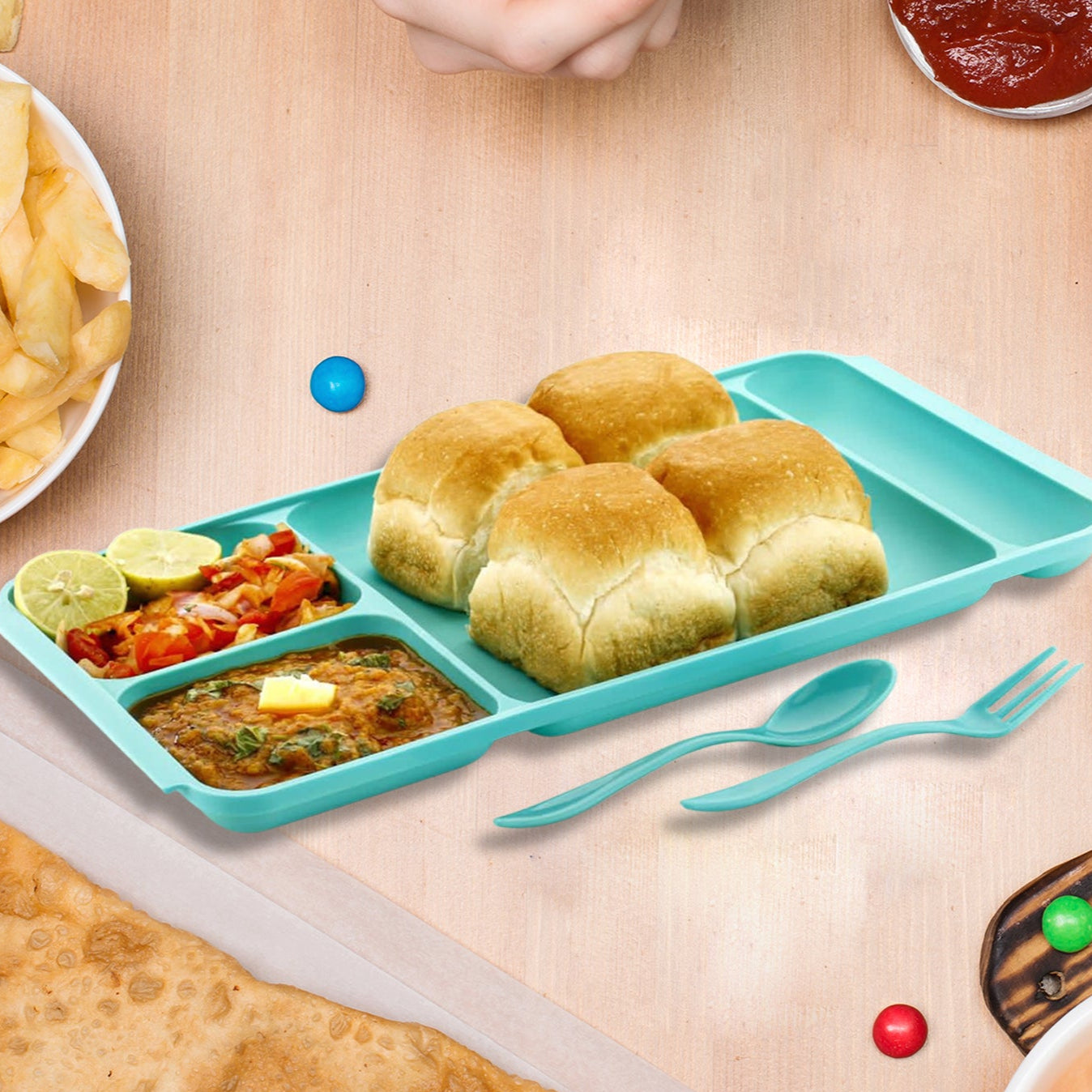 4compartment Dish With Spoon And Fork(1 Dish Set With 1spoon And 1fork) Dinner Plate Plastic Compartment Plate Pav Bhaji Plate 4-compartments Divided Plastic Food Plate. - Happy Price - Image 1