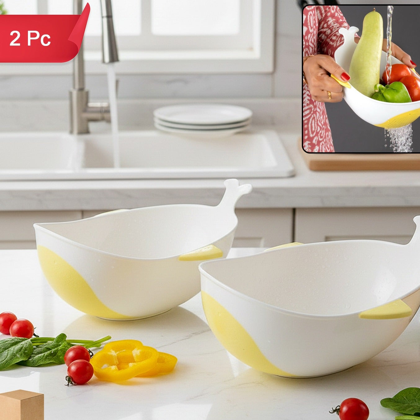 2-Piece Plastic Kitchen Bowl with Built-in Strainer for Washing Grains and Produce - Happy Price - Image 1