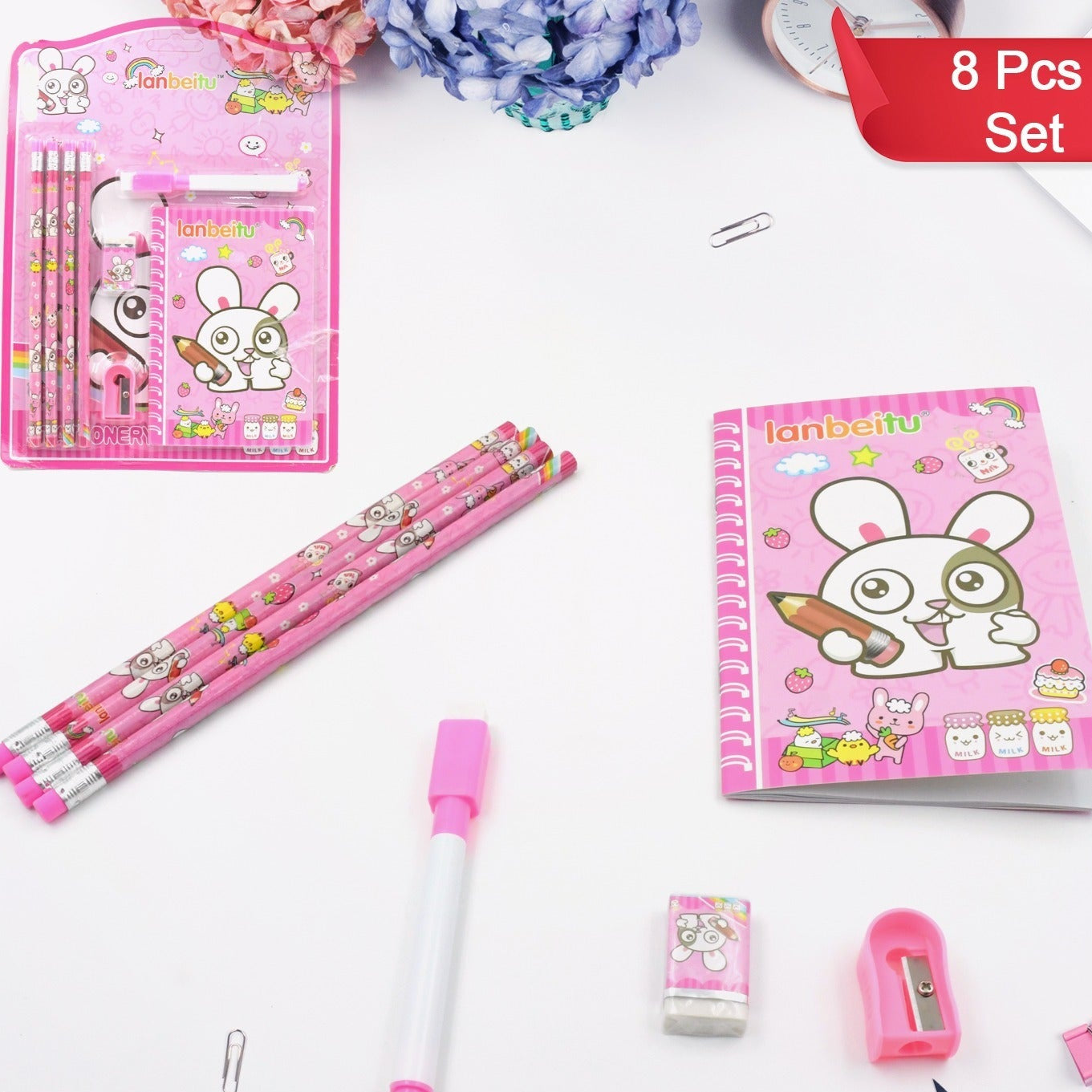 Stationery Kit For Kids - Stationery Set Includes Wooden Pencil Sharpener Pencil And Eraser Set Small Diary School Supply Set Birthday Return Gift For Kids Boys Girls (8 Pc Set) - Happy Price - Image 1