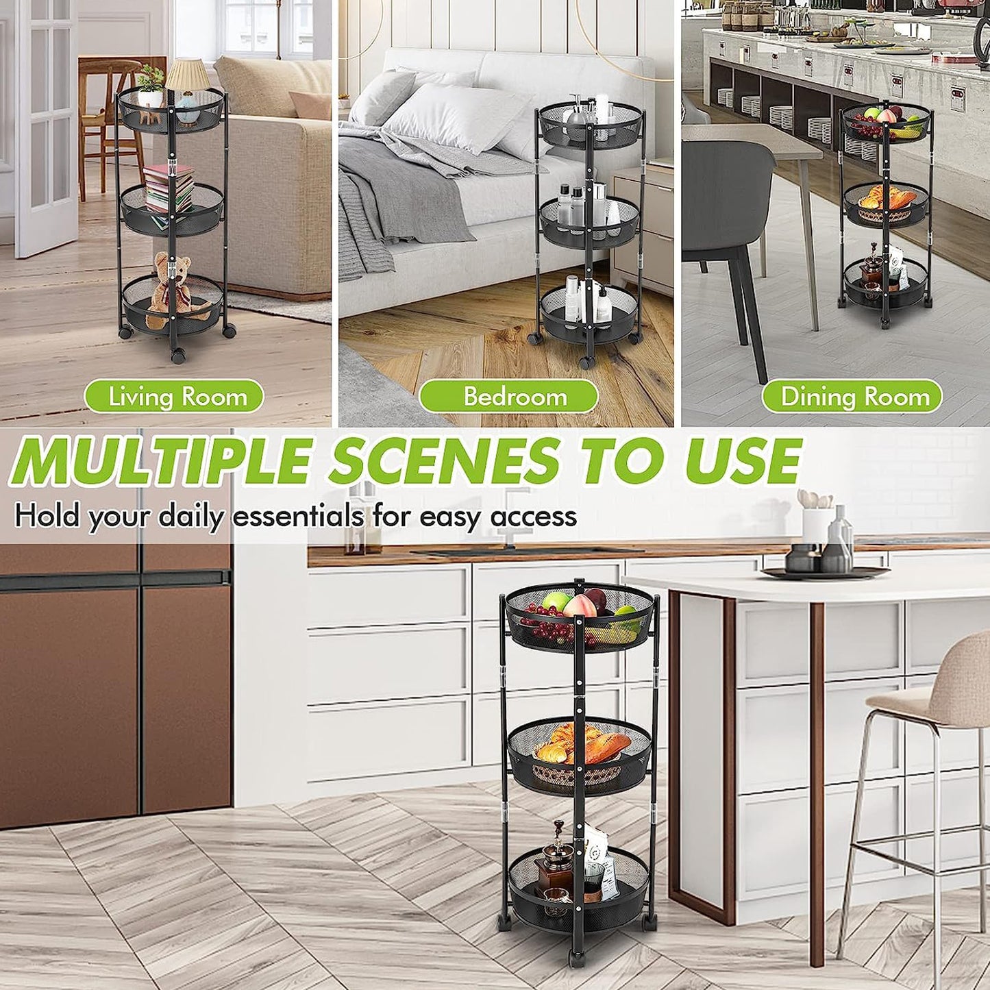 3-layer Round Metal Mesh Utility Storage Trolley With Wheels - Happy Price - Image 4
