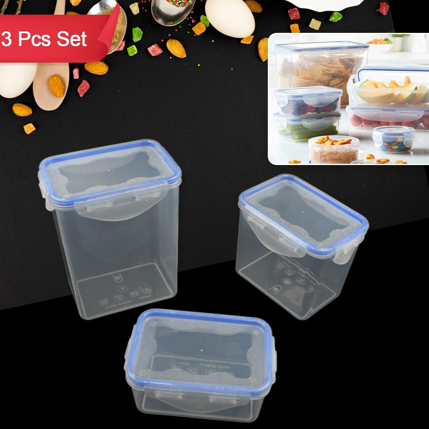 Kitchen Storage Container Set With Food Grade Plastic And Air Seal Lock Lid For Storage Of Grocery Spices Dry Fruits Use For Home Office Restaurant Canteens (3 Piece Set) - Happy Price - Image 1