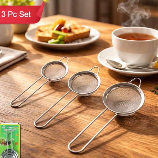 3 Piece Stainless Steel Tea Strainer Set with Long Handle - Happy Price - Image 1