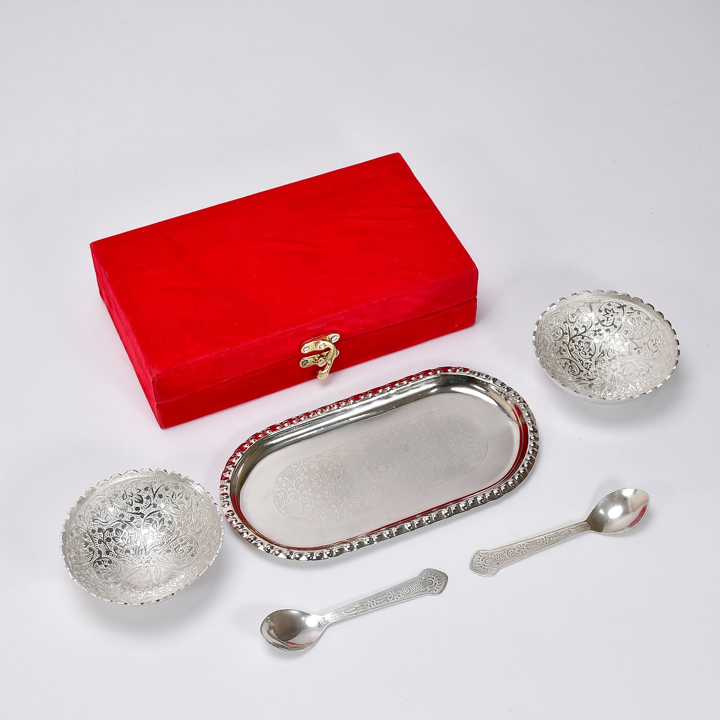 Silver Plated 2 Bowl 2 Spoon Tray Set Brass With Red Velvet Gift Box Serving Dry Fruits Desserts Gift - Happy Price - Image 2