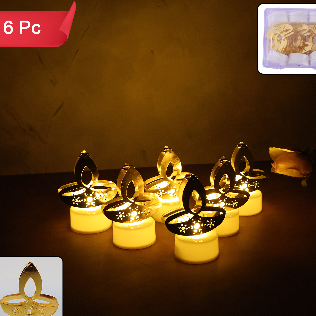 Set of 6 Golden Diya LED Tealight Candles - Flameless Decorative Lights - Happy Price - Image 1