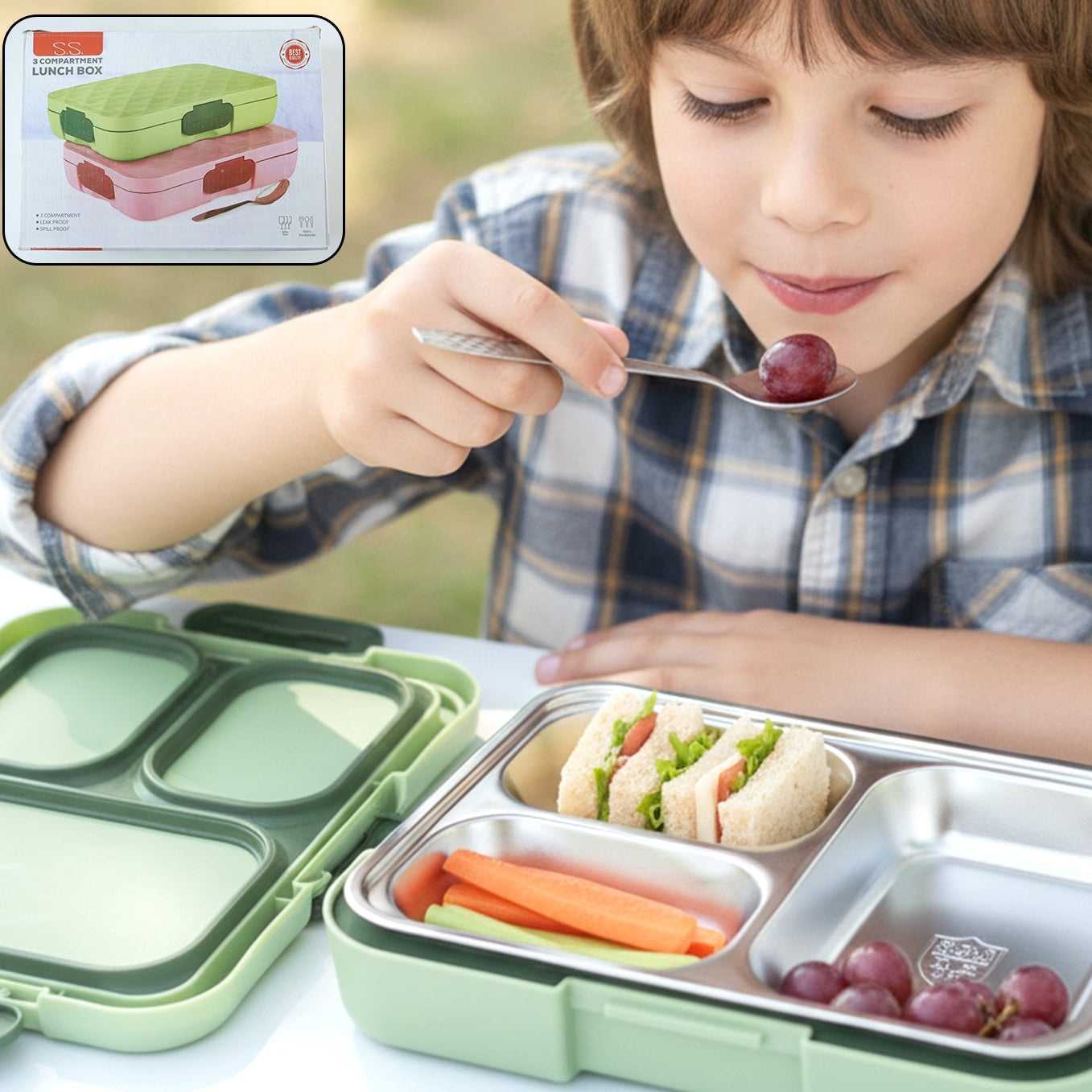 Stainless Steel 3 Section Lunch Box - 1 Pc - Great Price - Image 1