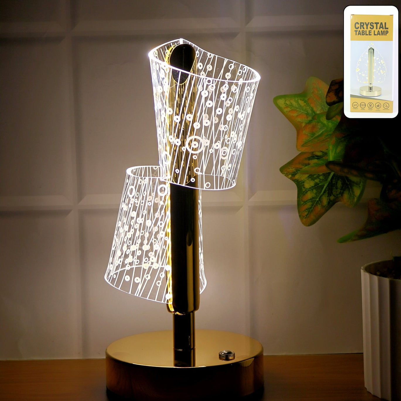 Crystal Double Shade LED Table Lamp - Golden Base, Decorative Bedside Light (1 Pc) - Happy Price - Image 1