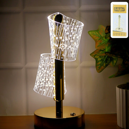 Crystal Double Shade LED Table Lamp - Golden Base, Decorative Bedside Light (1 Pc) - Happy Price - Image 1