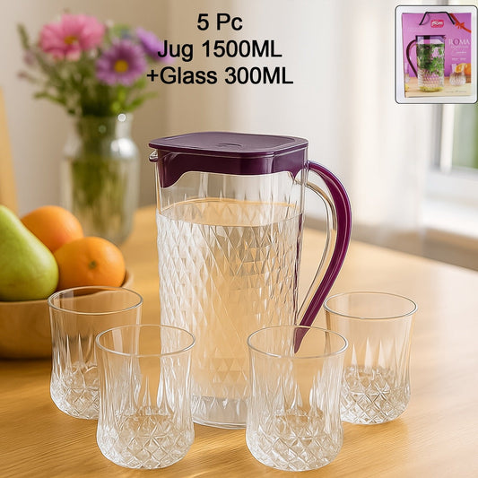 Plastic Jug and Glass Set - 1.5L Pitcher with 4 x 300ml Tumblers (5 Pc Combo) - Happy Price - Image 1