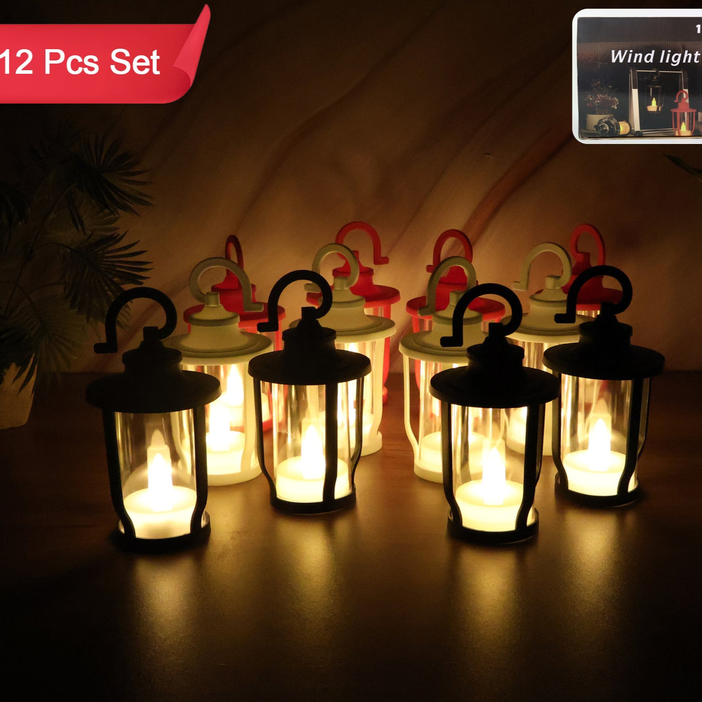 Set of 12 LED Lantern Flameless Candles with Hook - Warm Flickering Light - Happy Price - Image 1