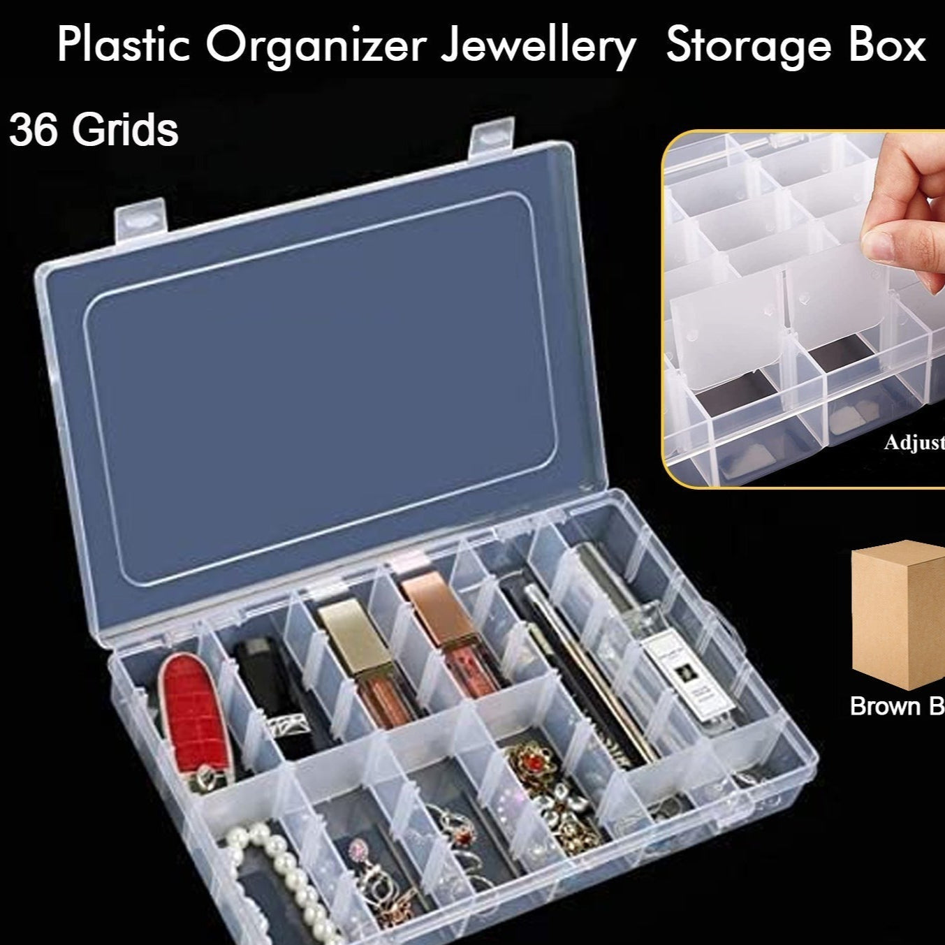 36 Grids Clear Plastic Organizer Jewelry Storage Box With Adjustable Dividers Transparent Organizer Box (1pc) - Happy Price - Image 1