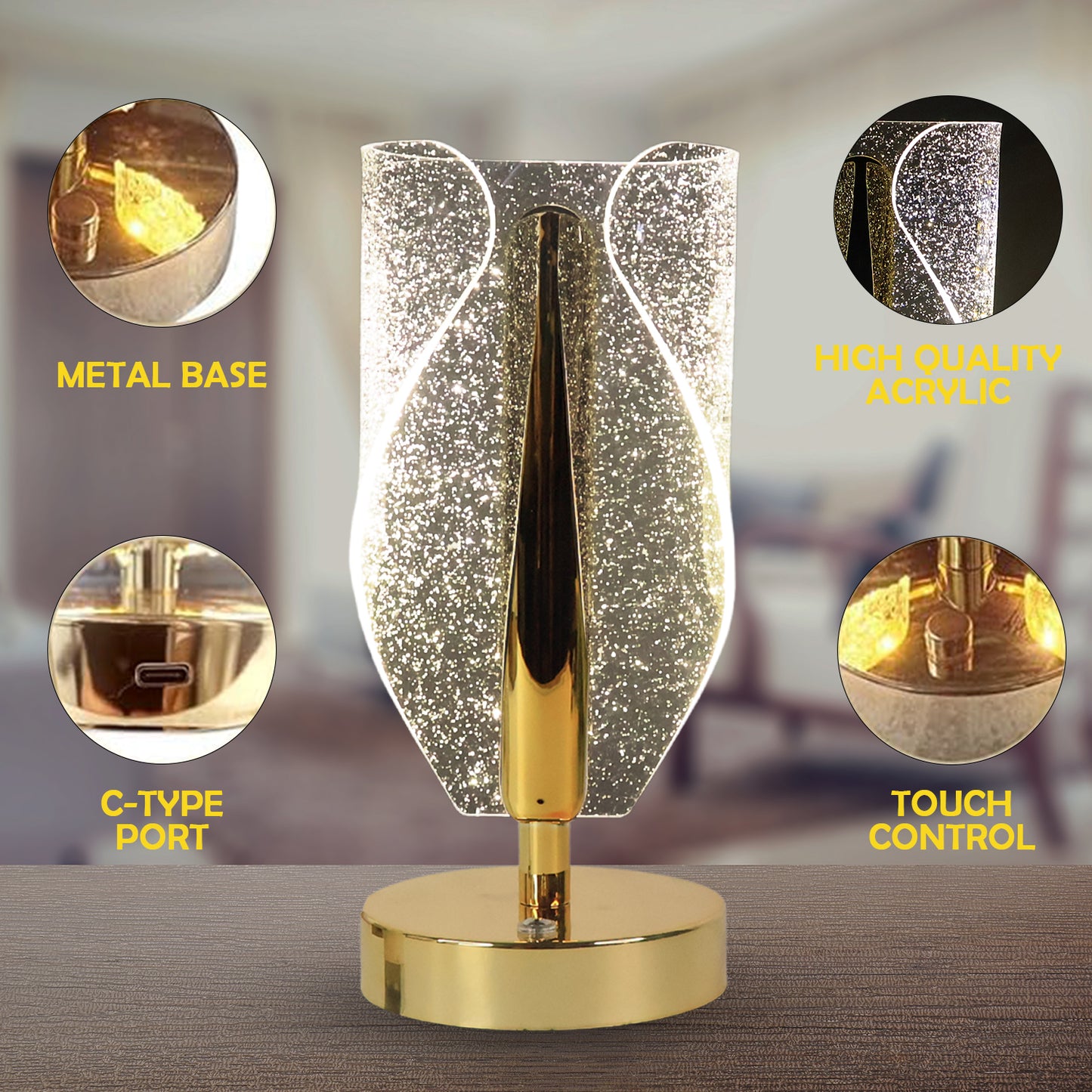 Crystal Table Lamp with USB Charging - Decorative LED Bedside Light - Happy Price - Image 3