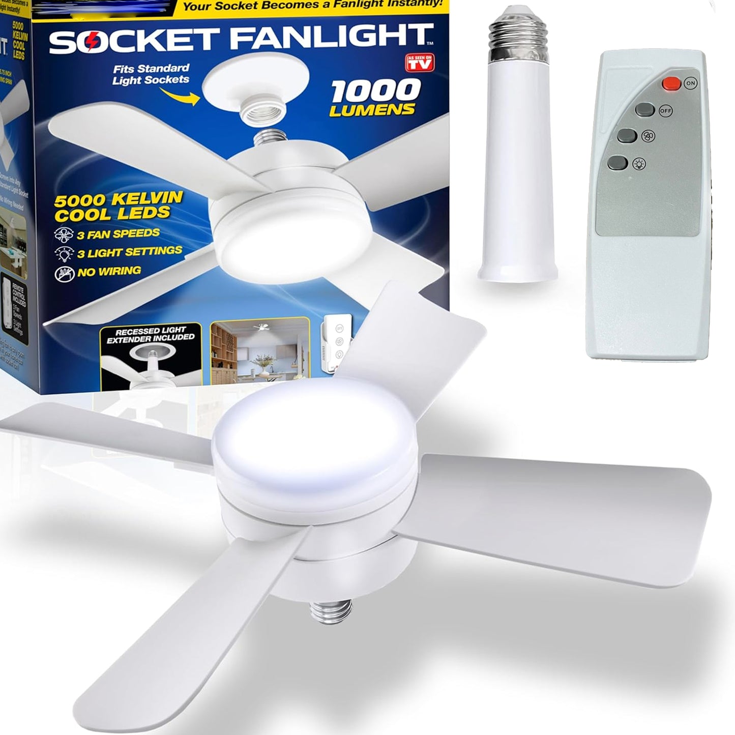 Socket Fan Light Original - Cool Light Led  Ceiling Fans With Lights And Remote Control Replacement For Lightbulb - Bedroom Kitchen Living Room1000 Lumens  5000 Kelvins Cool Leds (Remote Battery Not Included) - Happy Price - Image 2