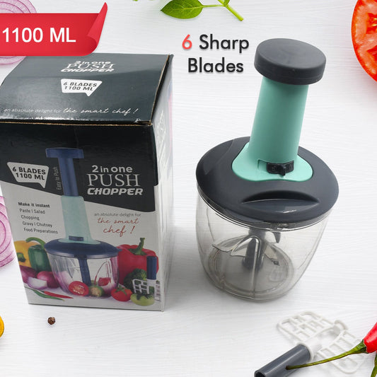 1100 Ml 2 In 1 Push Up Chopper With Blender Affixed With 6 Sharp Blade  Vegetable And Fruit Cutter With Easy Push And Chop Button - Happy Price - Image 1